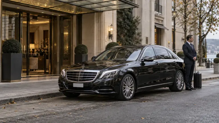 Chauffeur mit Limousine vor einem Hoteleingang